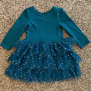 Teal Long Sleeve Dress with Starry Tulle Skirt
